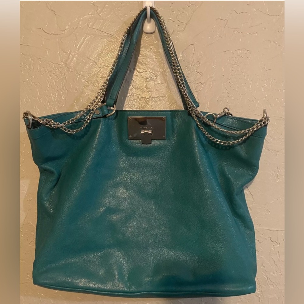 Michael Kors Channing Aqua Green Soft Leather Silver Chain MK Logo Hardware Tote - Picture 4 of 14